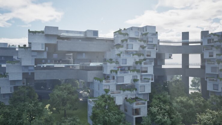 Edificio futuristico in cemento con tetti verdi
