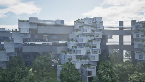 futuristic concrete building with green roofs