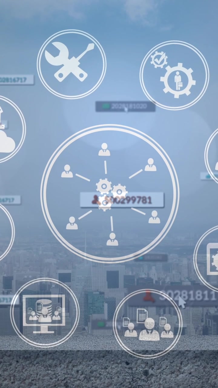 Animation of media icons over cityscape