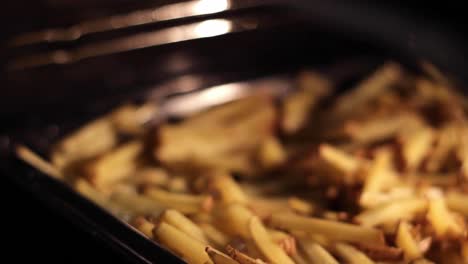 fried grilled potato french fries in a container, closeup reveal