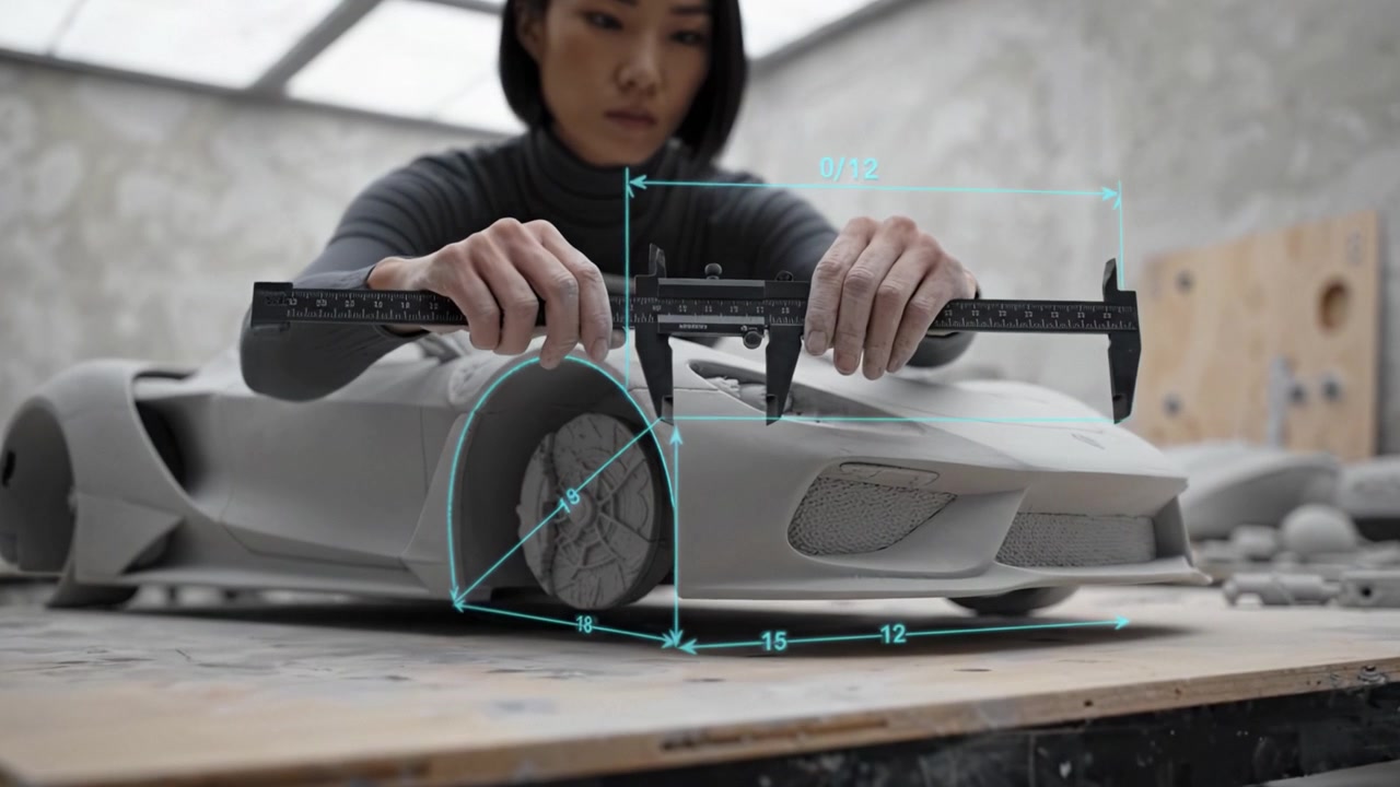 Crafting a Detailed Scale Model of a Car: Artist Precision in Sculpting and Measuring for Design Accuracy in a Creative Workshop Environment