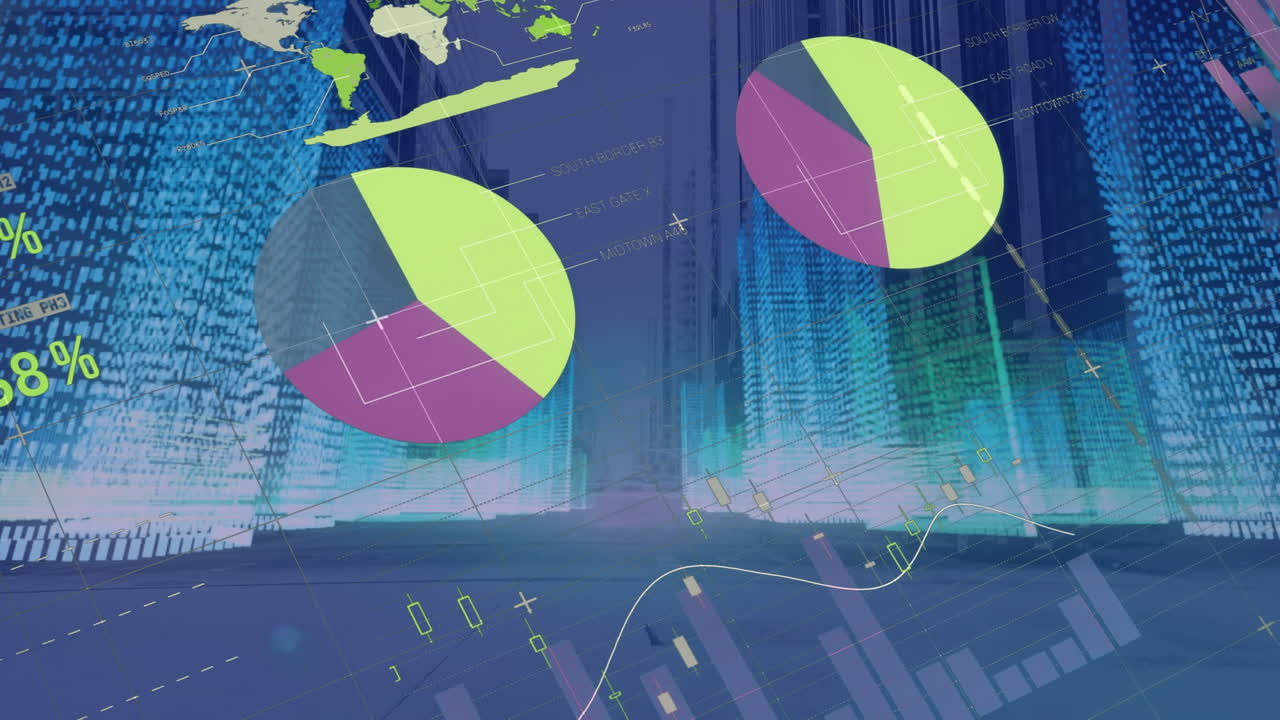 Animation of business statistics moving towards the left bottom corner against green screen