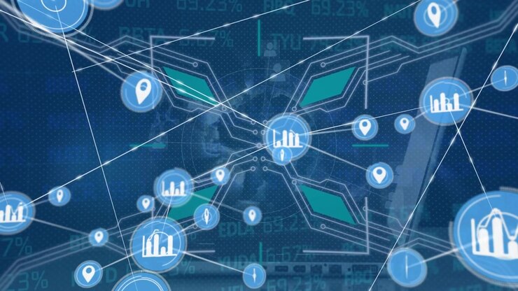 Animation of network of connections with icons over laptop and data processing