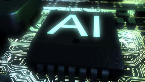 Stunning-high-quality-CGI-left-to-right-fly-through-of-an-integrated-circuit-board-featuring-a-reveal-of-an-AI-chip-with-pale-blue-glowing-text-and-bright-glowing-gold-circuits