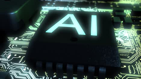 impresionante cgi de alta calidad de izquierda a derecha volar a través de una placa de circuitos integrados con una revelación de un chip de ia con texto brillante azul pálido y circuitos dorados brillantes brillantes