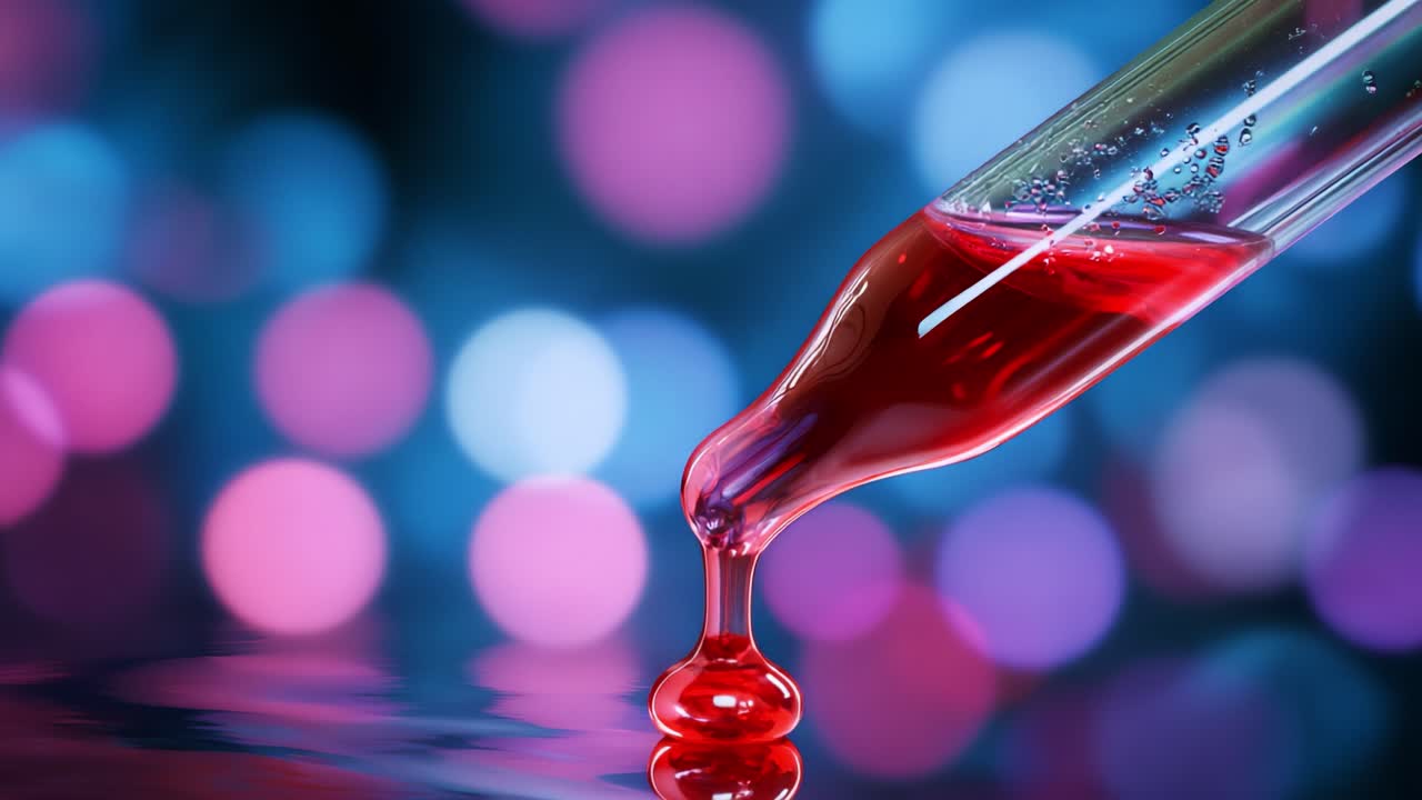 Close-up of a Pipette Dripping Vivid Red Liquid onto a Reflective Surface with Beautiful Bokeh Background, Capturing the Fluid Dynamics and Viscosity of the Liquid in an Artistic Scientific Context