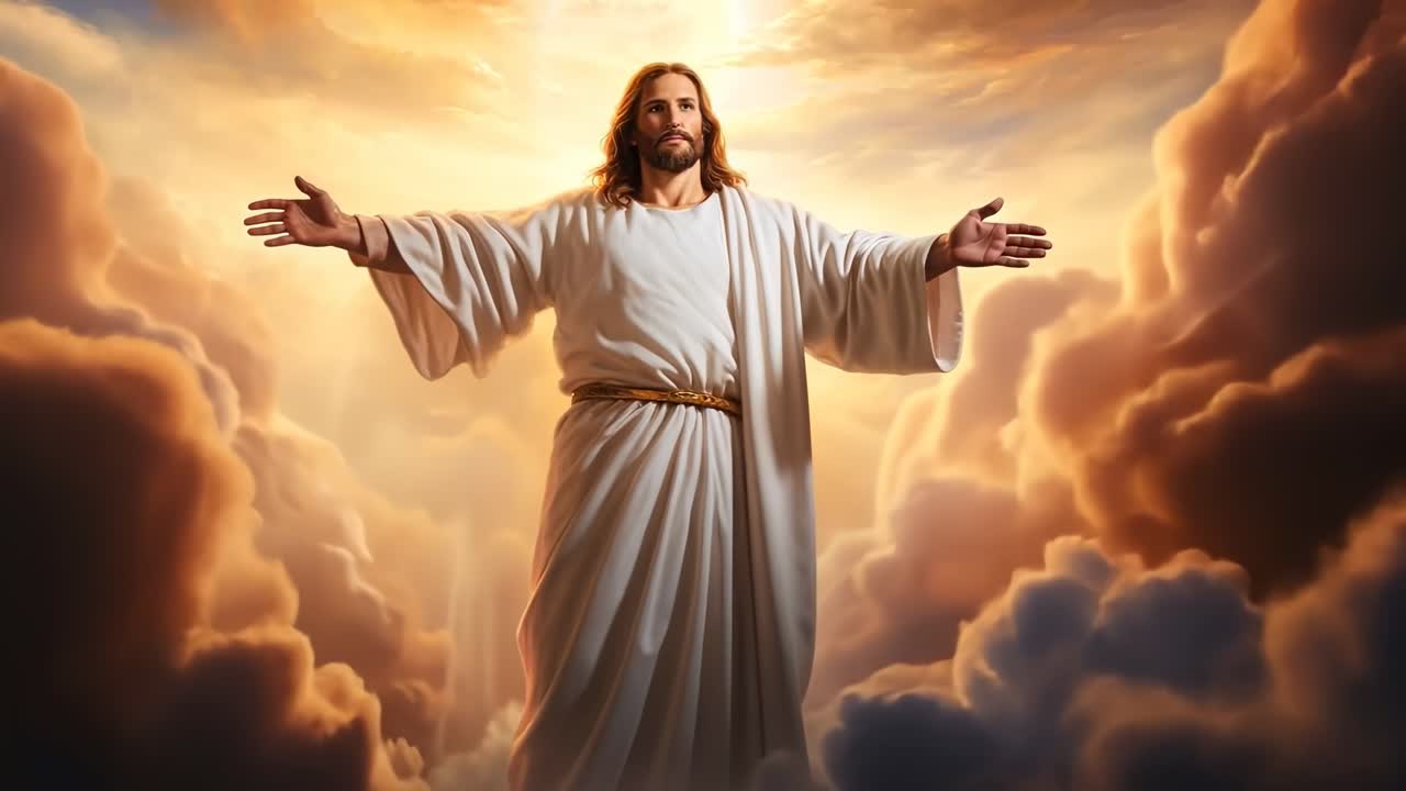 Dramatic video concept with a low-angle view of a serene figure in white robes