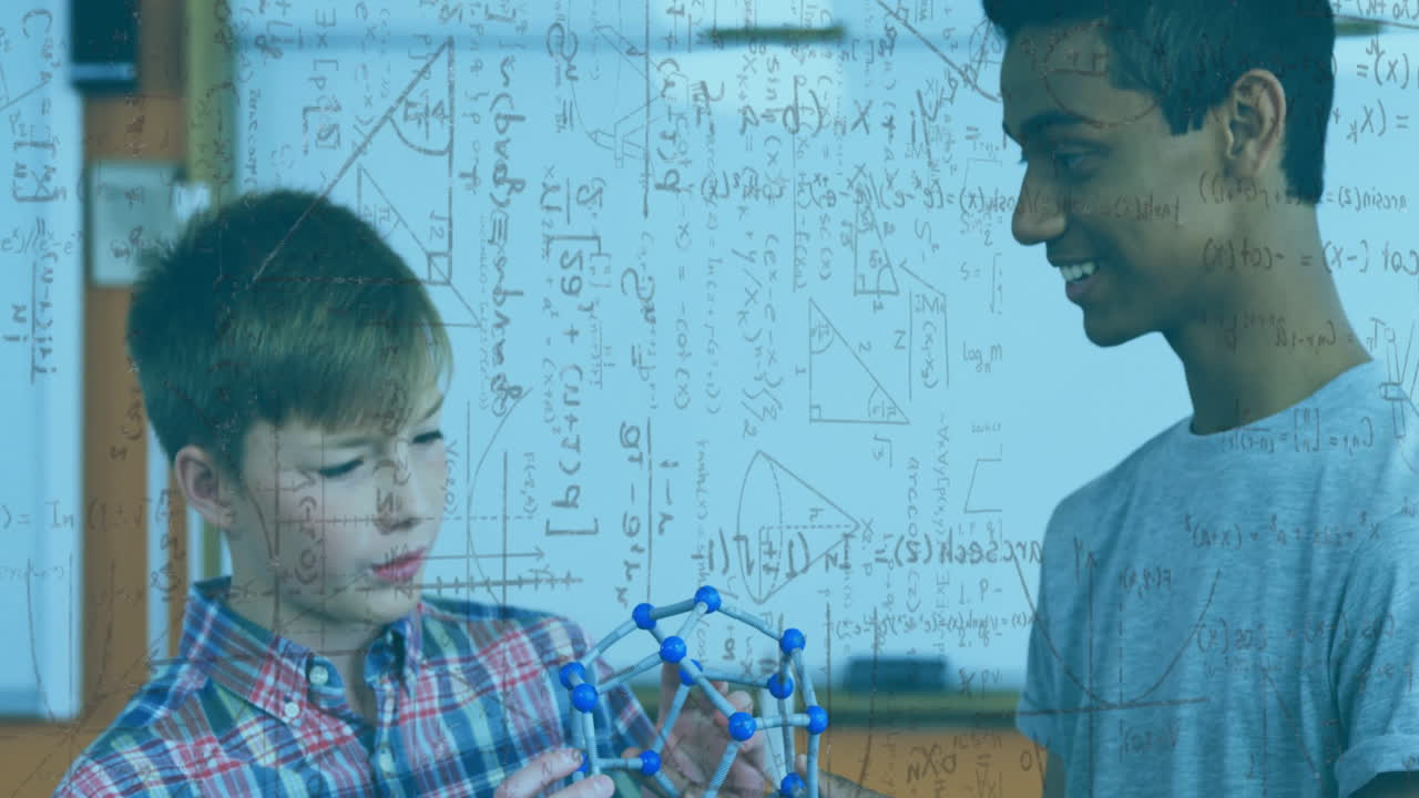Examining molecular model, students with mathematical equations animation over classroom background