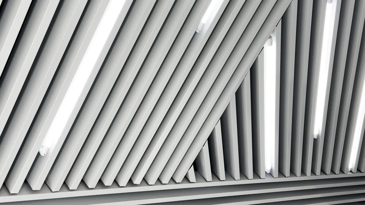 Black and white image of led lamps working on the embossed ceiling. Low angle perspective.