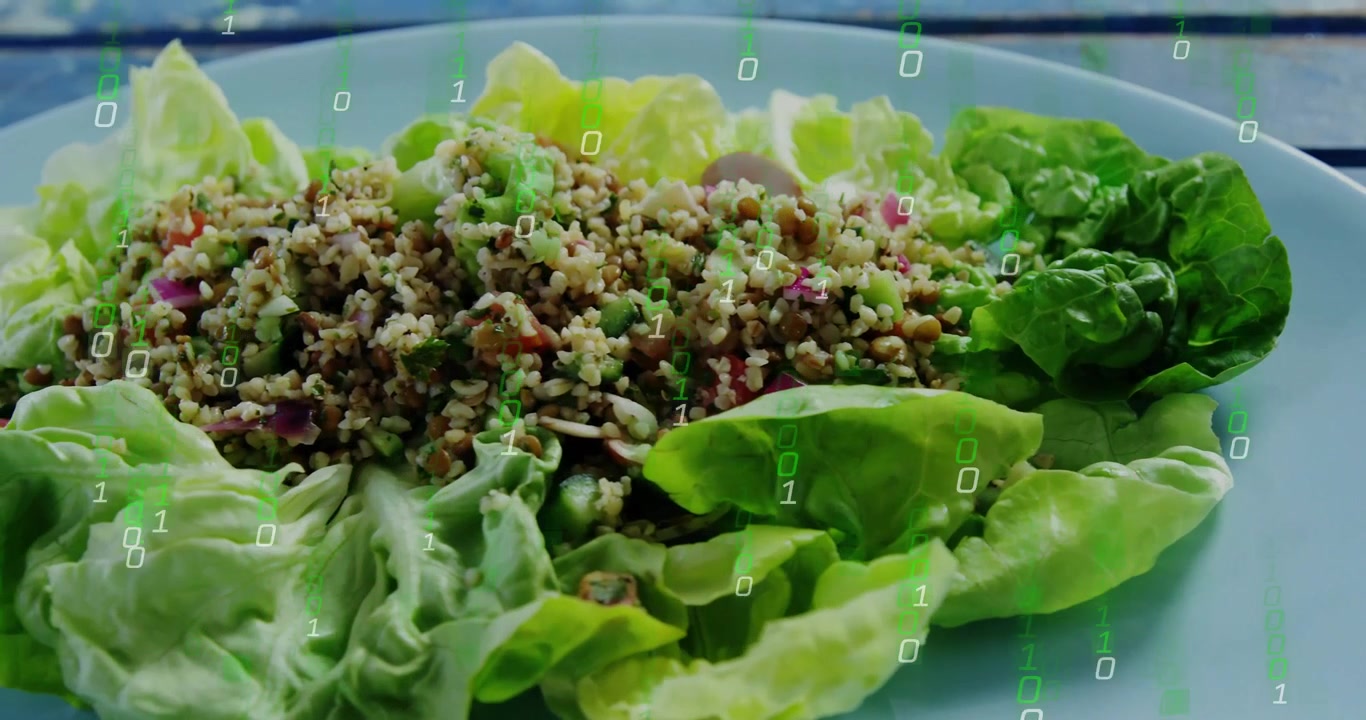 Chiffres binaires commençant un plan de deux secondes, en cascade sur une salade de quinoa dans une assiette, montrant le flux de données.