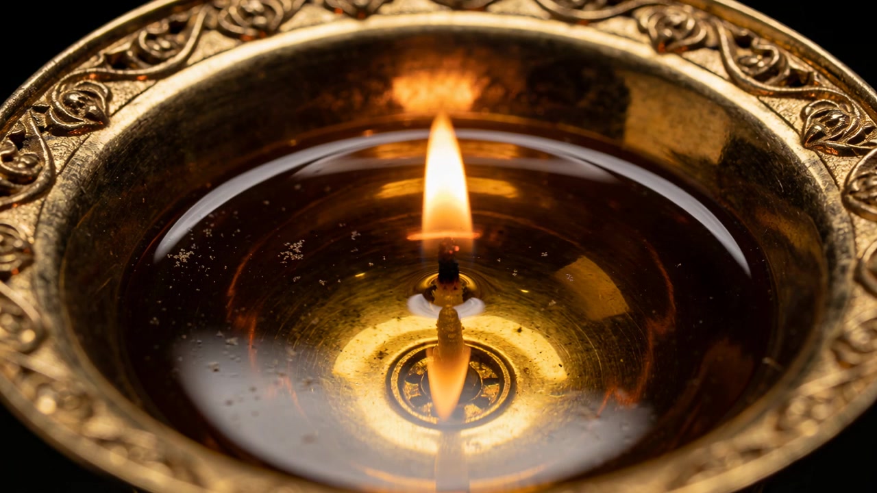 Diya in ottone ornato, già accesa e tremolante, con lo stoppino che riflette la fiamma nell'olio su un altare da tavolo.