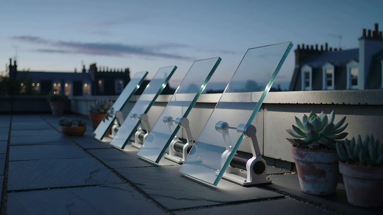 Tilting row of five glass panels on rooftop, hinges actuating and LED tiles forming screens