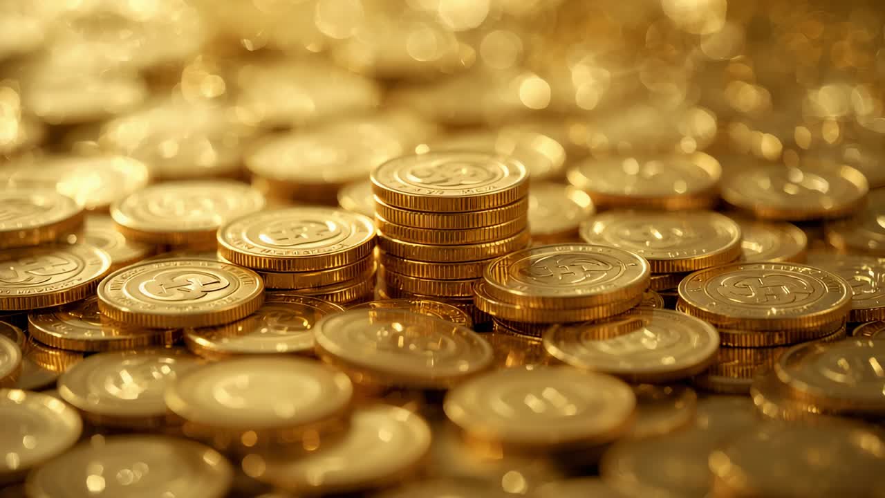 Shifting camera sharpening focus on coin stack in studio with loose coins showing marks and bokeh
