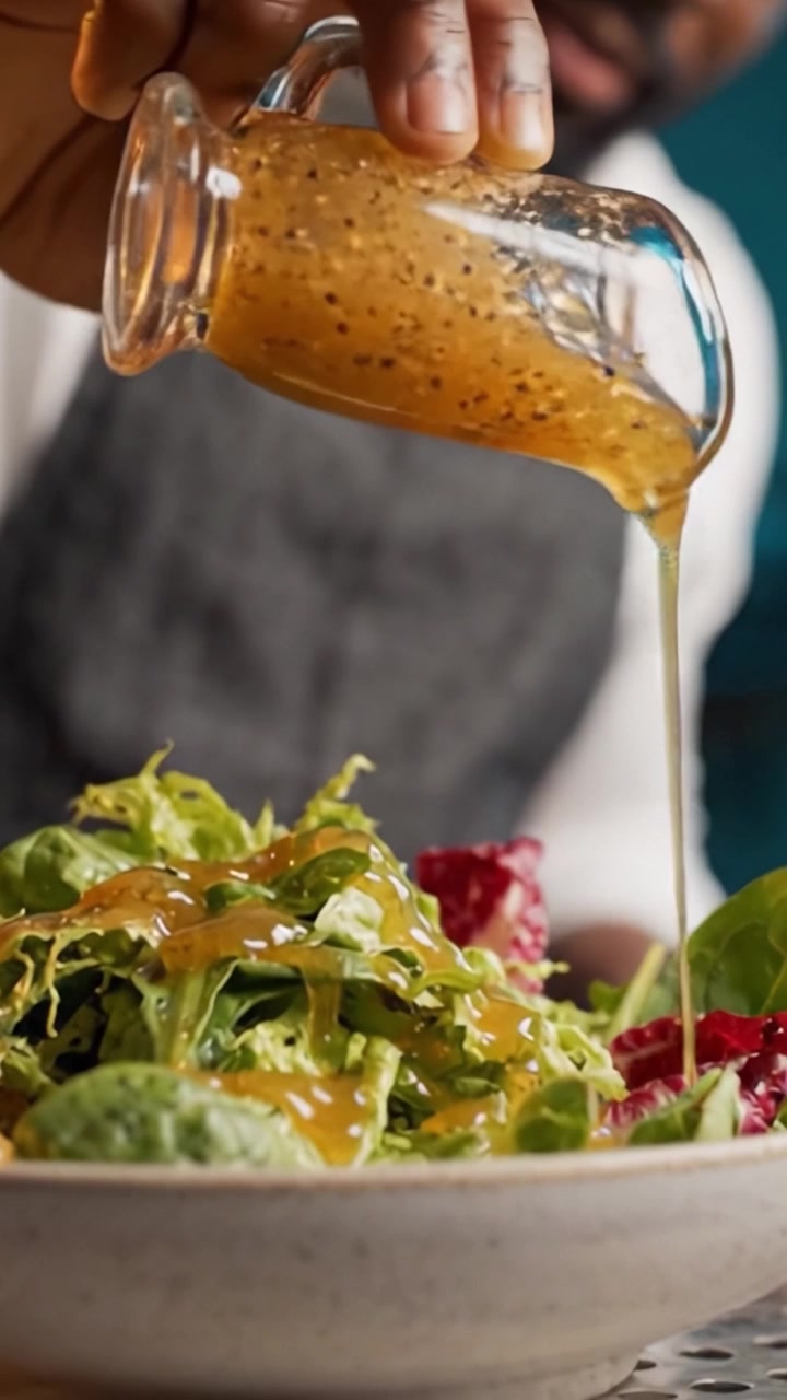 Chef Drizzling Dressing on Vibrant Mixed Greens Salad in Modern Kitchen, Showcasing Fresh Ingredients and Culinary Skill in Beautiful Presentation