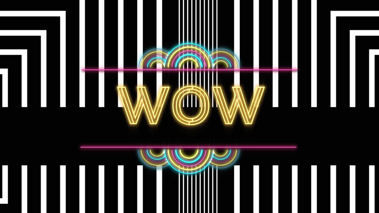 검은색 배경의  ⁇  줄무 ⁇  위에 빛나는 노란색 네온 와우 텍스트의 애니메이션