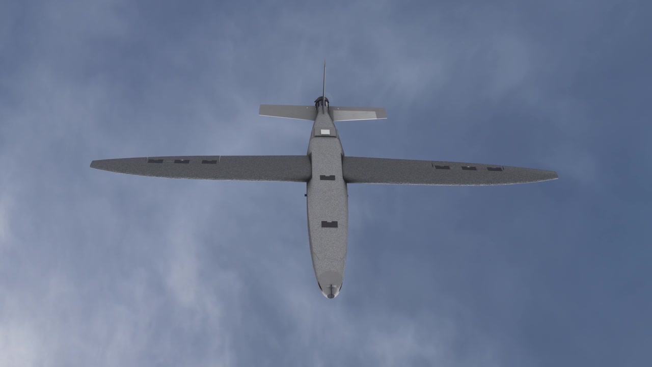 Panoramica di un drone ad ala fissa Hornet Kamikaze assistito da IA che vola nel cielo blu dirigendosi verso il bersaglio. UAV Veicolo Aereo Senza Pilota. Guerra aerea con tecnologia moderna. Aereo da combattimento. Render 3D