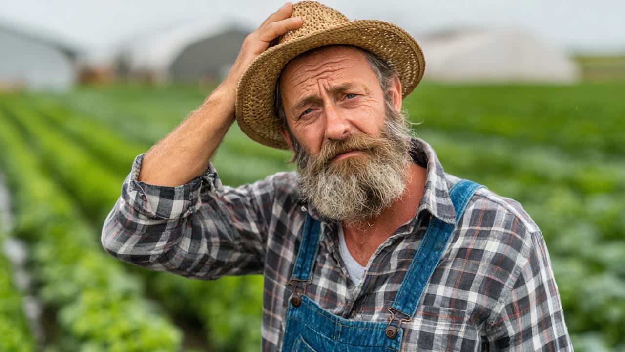 A Resolute Farmer Contemplates the Challenges of Agriculture Amidst Lush Fields of Green, Highlighting the Dedication Required in Modern Farming Practices