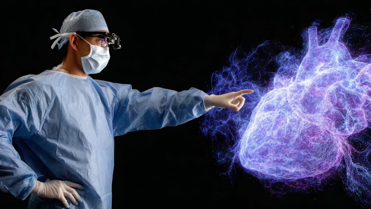 Surgeon Using Advanced Visual Technology to Interact with a Holographic Heart Representation, Showcasing Modern Medical Innovations and Techniques