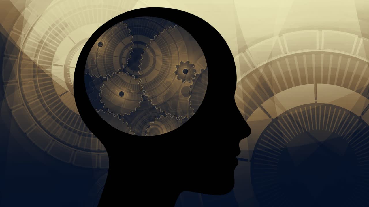 사람 머리 실루엣, 뇌 영역 내부에서 복잡한 황금색 기계 톱니바퀴와 코그가 회전하는 인공 지능, 시계 부품이 있는 생각하는 기계, 반복 가능한 AI 컨셉 애니메이션