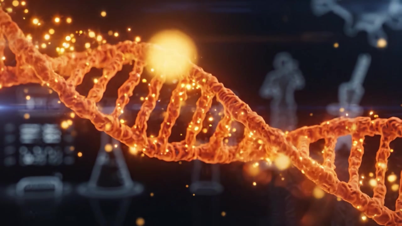 Visualizzazione accattivante dell'elica del DNA con particelle luminose che evidenziano la struttura genetica e il significato biologico in un ambiente di laboratorio ad alta tecnologia
