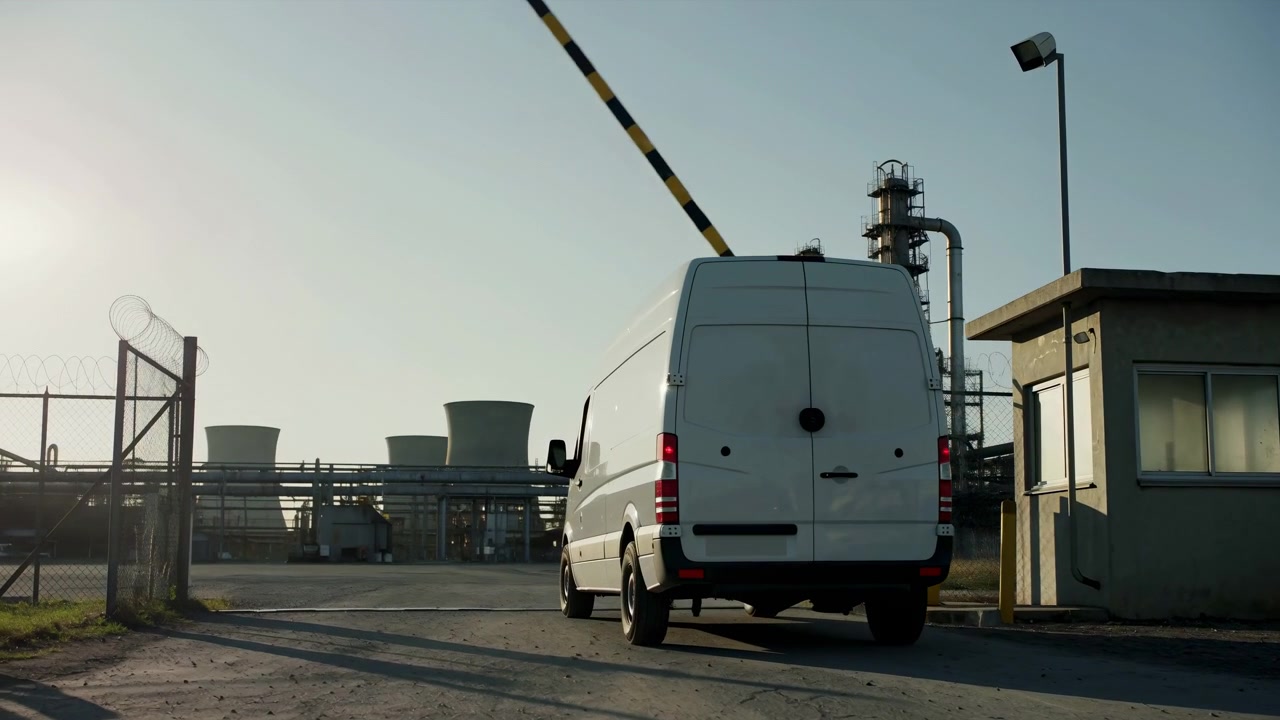 White van moves forward near entrance gate while barrier arm changes position beside small guard building, with industrial equipment, fencing, and bright outdoor lighting visible in wide composition.