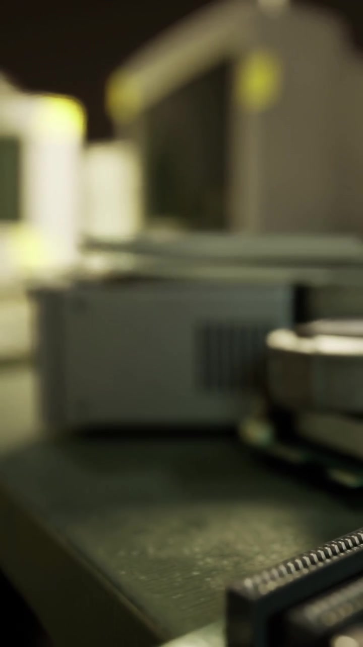 Close view of an electronic device in a dimly lit room filled with technology