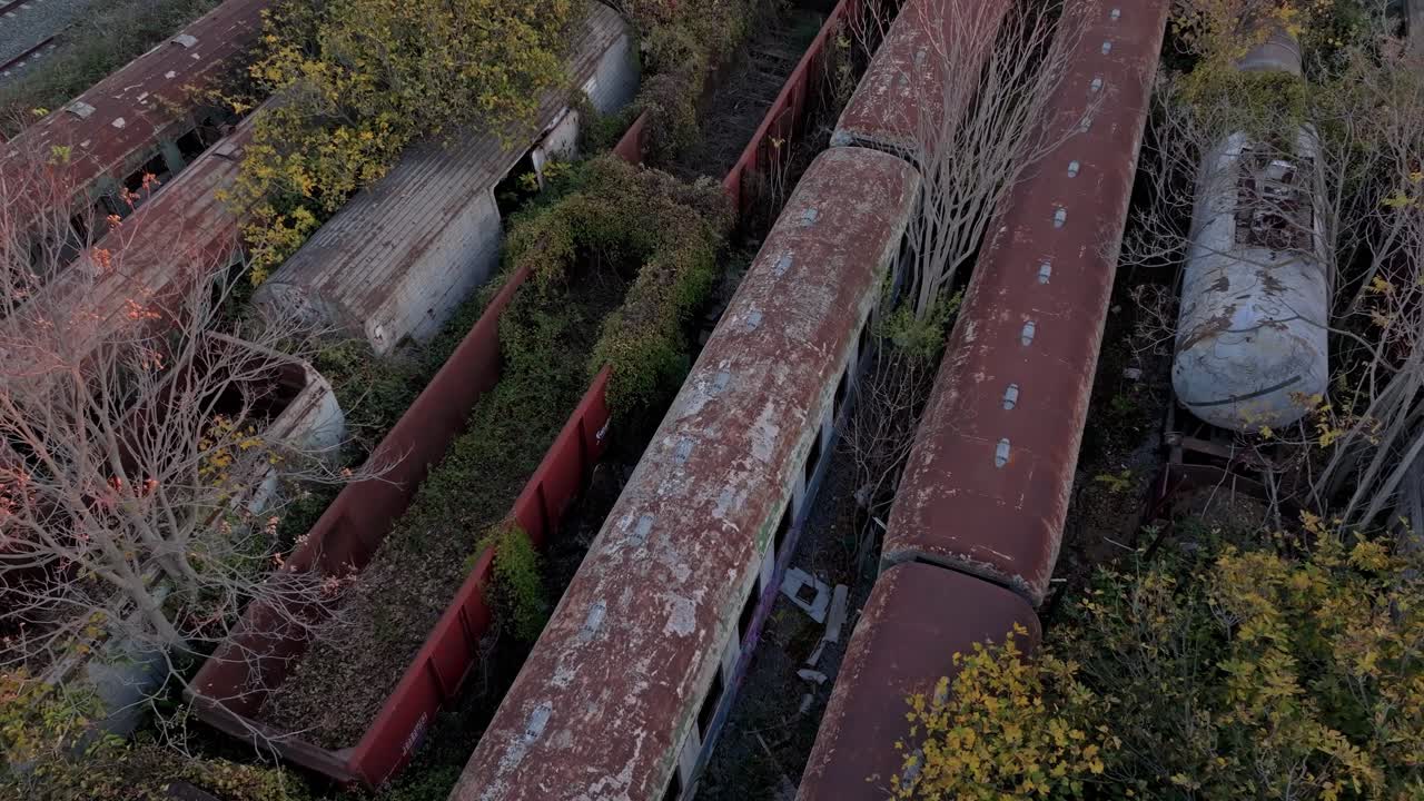 Tusmørke over en forladt jernbanekirkegård med rustne skinner og træer
