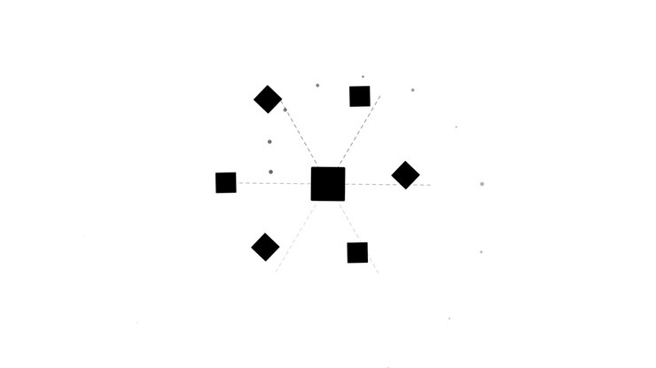 Abstract Animation of Rotating Black Squares Connected to a Central Point