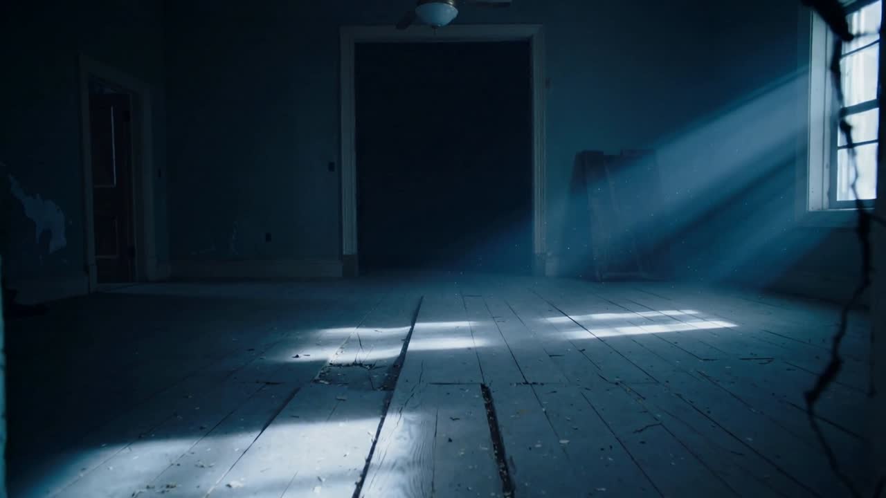 Camera advancing through derelict room, sunlight beams shifting and revealing dust for restoration