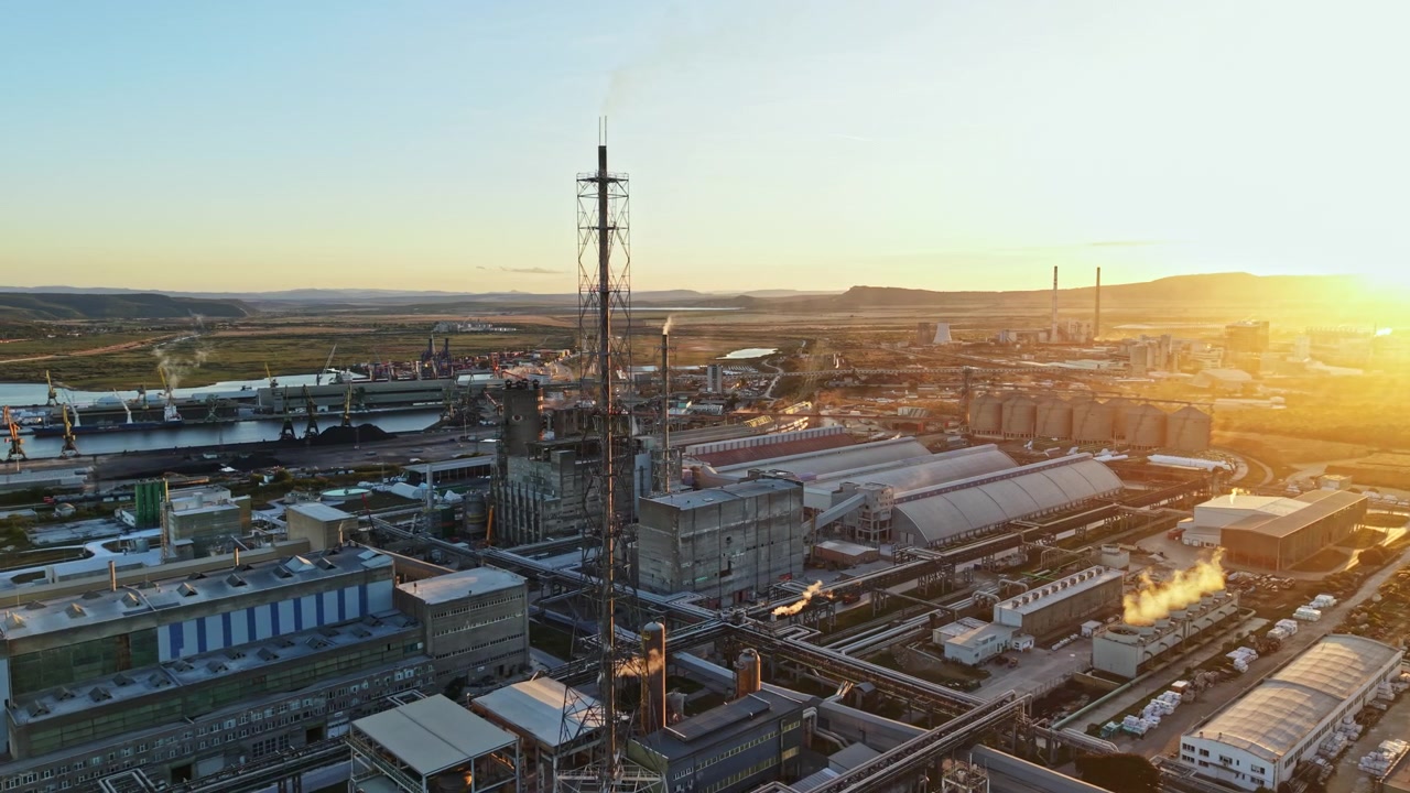 Sunset over industrial area with factories and a telecommunications tower in the background