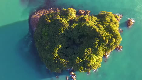 Laguna-Prístina-En-La-Pequeña-Isla,-Revelación-Aérea-Del-Impresionante-Paisaje-Costero-De-Nueva-Zelanda,-Península-De-Coromandel