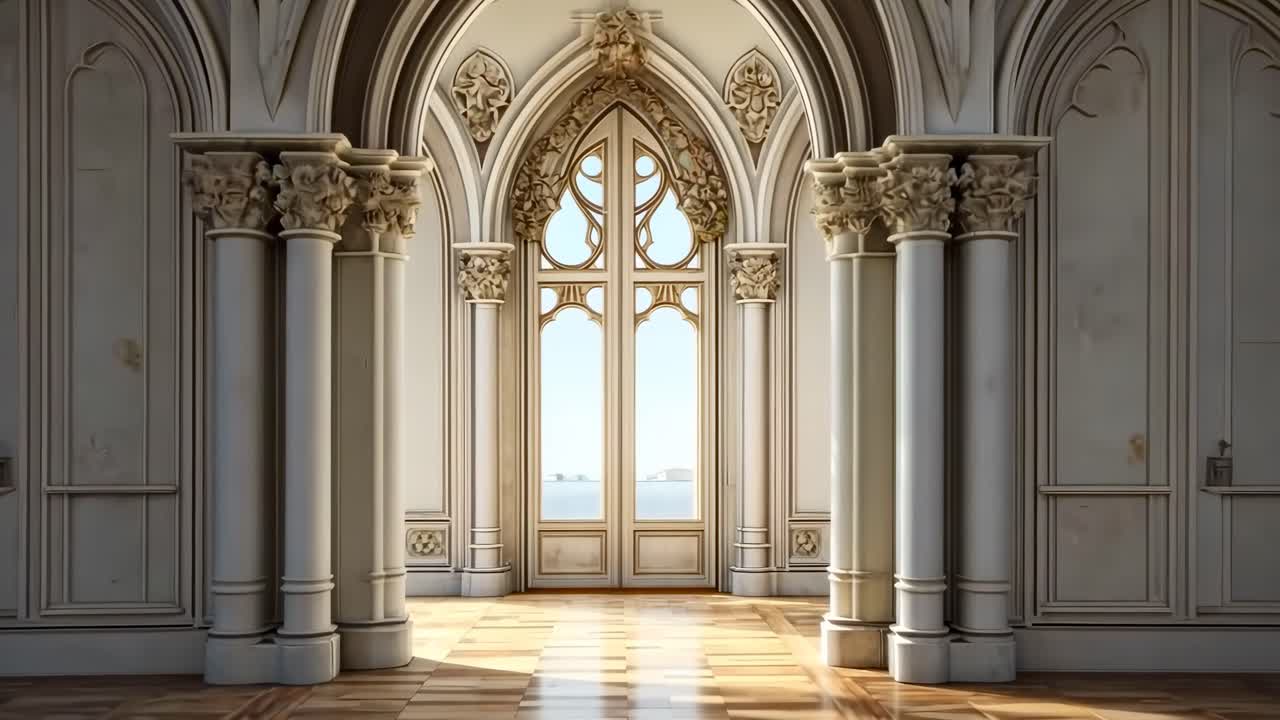 A wide-angle view of a grand, ornate Gothic interior with arched windows and intricate details