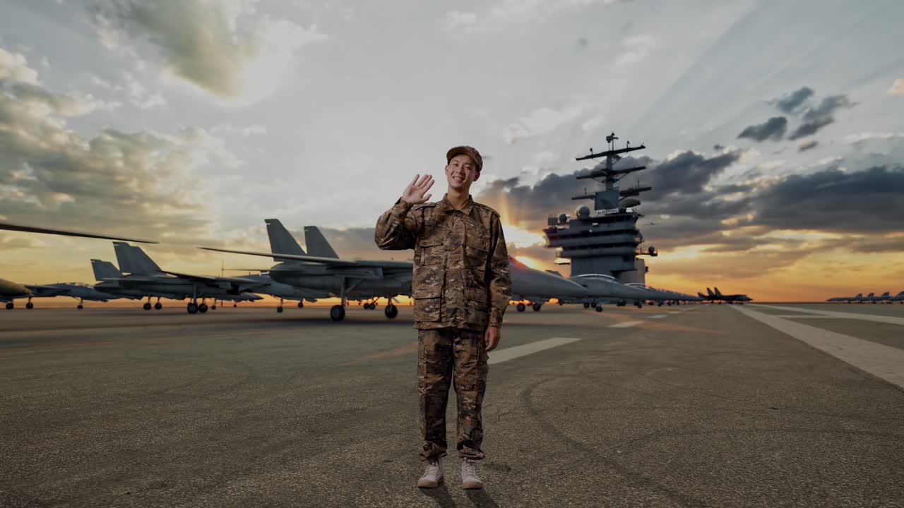 Full Body Of Asian Man Soldier Smiling, Waving Hand, And Saying Bye While Standing On Aircraft Carrier