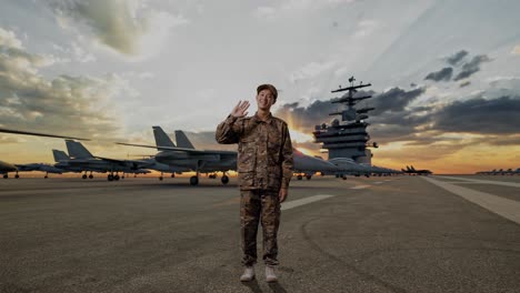 full body of asian man soldier smiling, waving hand, and saying bye while standing on aircraft carrier