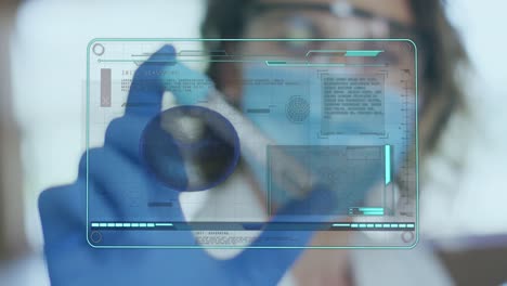 Animation-of-medical-data-processing-on-screen-over-female-scientist-holding-test-tube