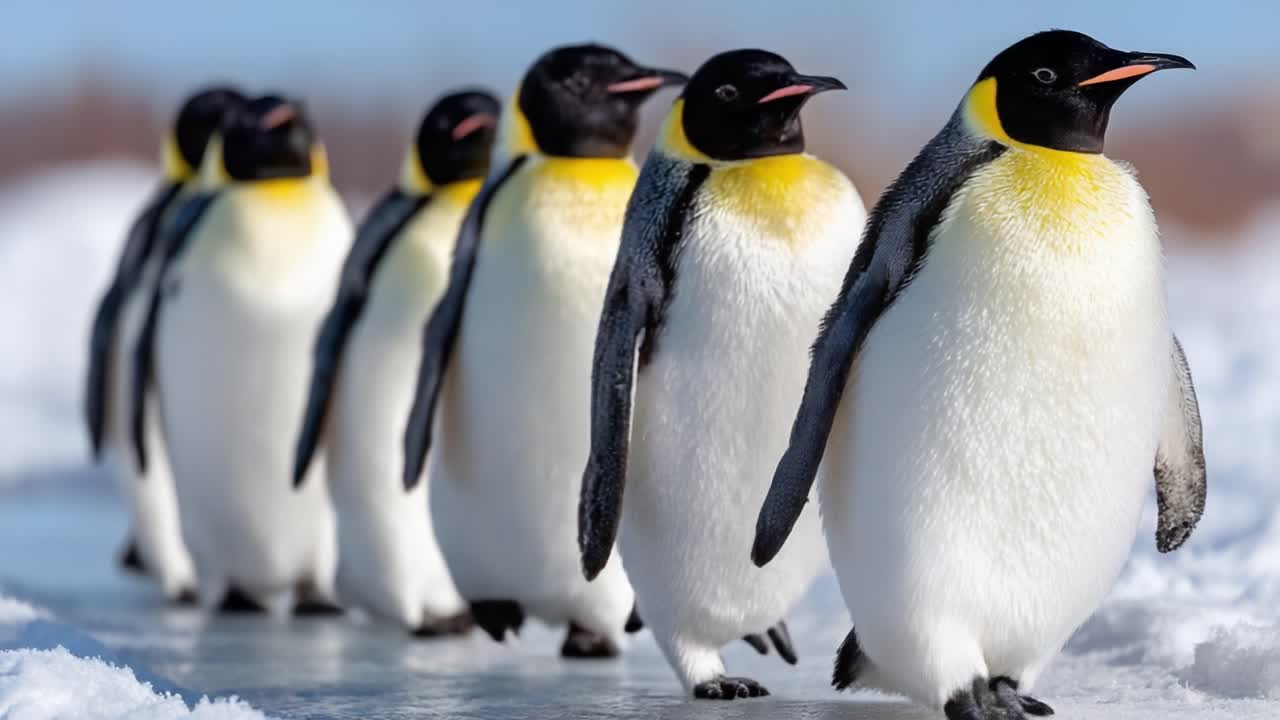 A Journey of Regal Penguins: The Majestic Marching Band of Emperor Penguins Striding Across the Icy Landscape in Chilly Conditions, Capturing Nature's Splendor and Harmony