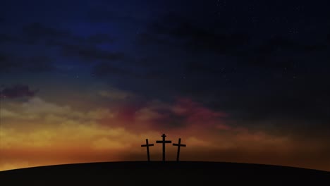 three crosses on the hill with clouds moving on the starry sky