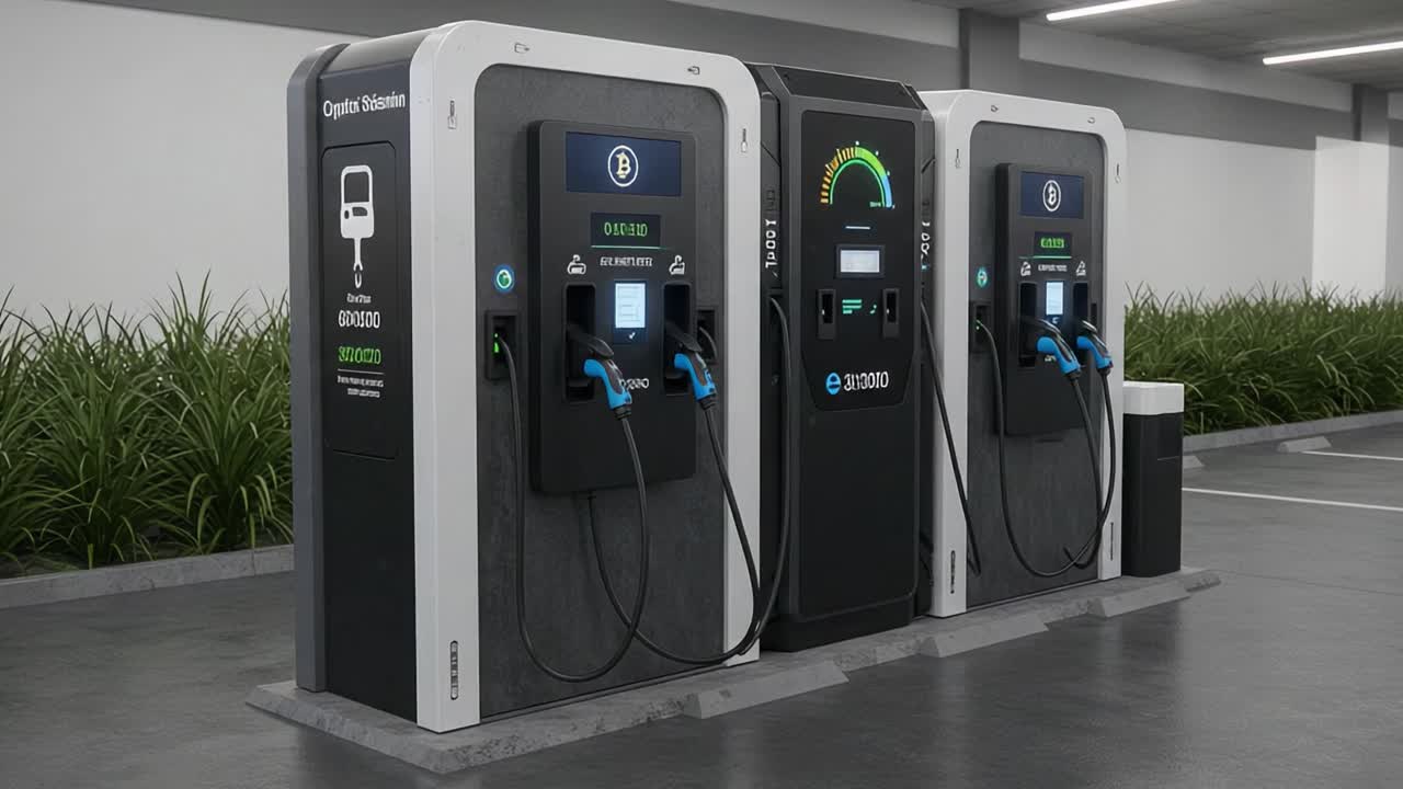 State-of-the-Art Electric Vehicle Charging Stations with Digital Displays Featuring User Interface for Navigation and Charging Progress Monitoring