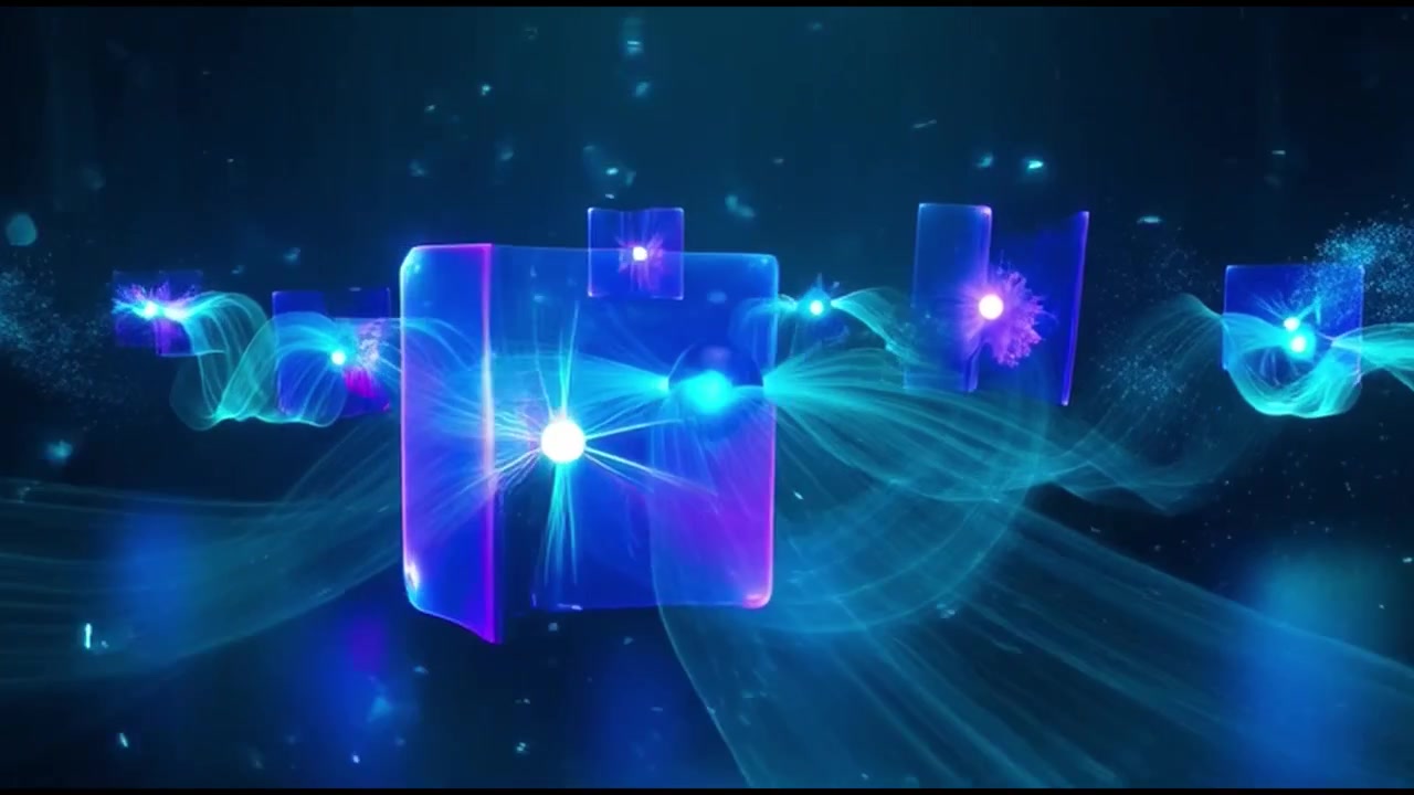 Abstract Digital Animation of Glowing Energy Particles and Floating Geometric Shapes
