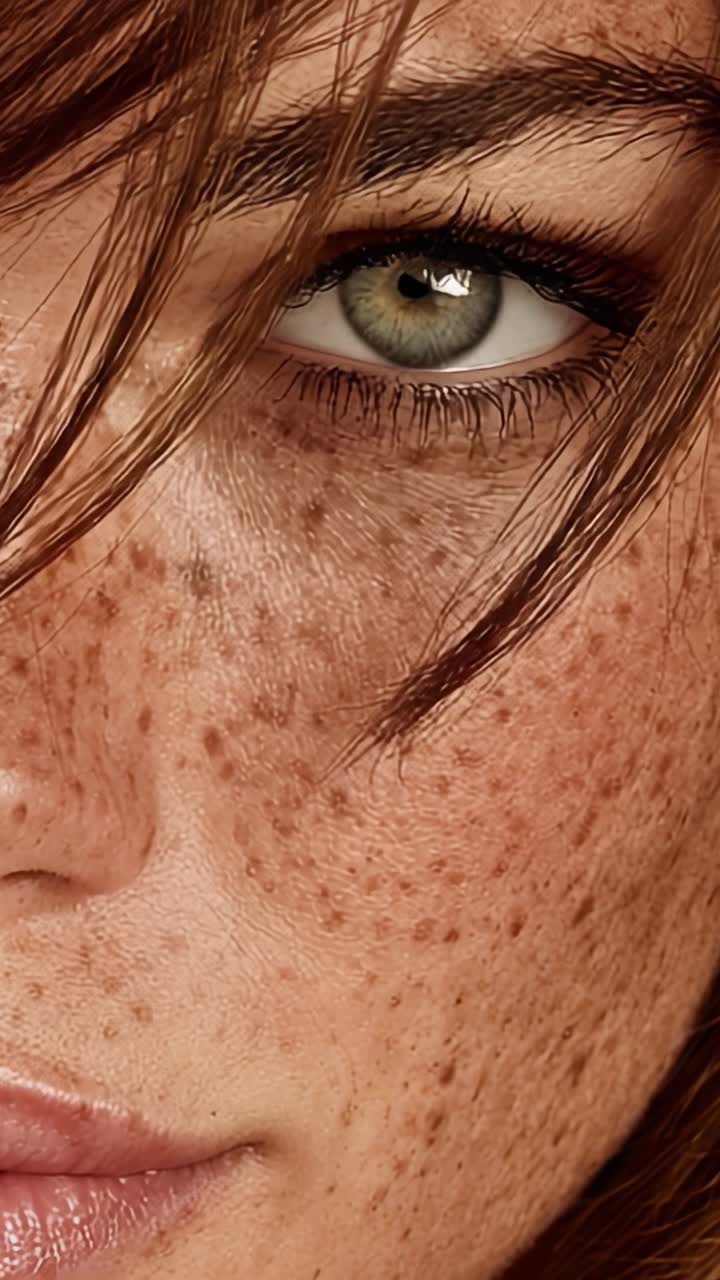 Una prospettiva ravvicinata di un volto lentigginoso con intensi occhi verdi e texture naturali, che cattura la bellezza delle imperfezioni nella fotografia di ritratto.