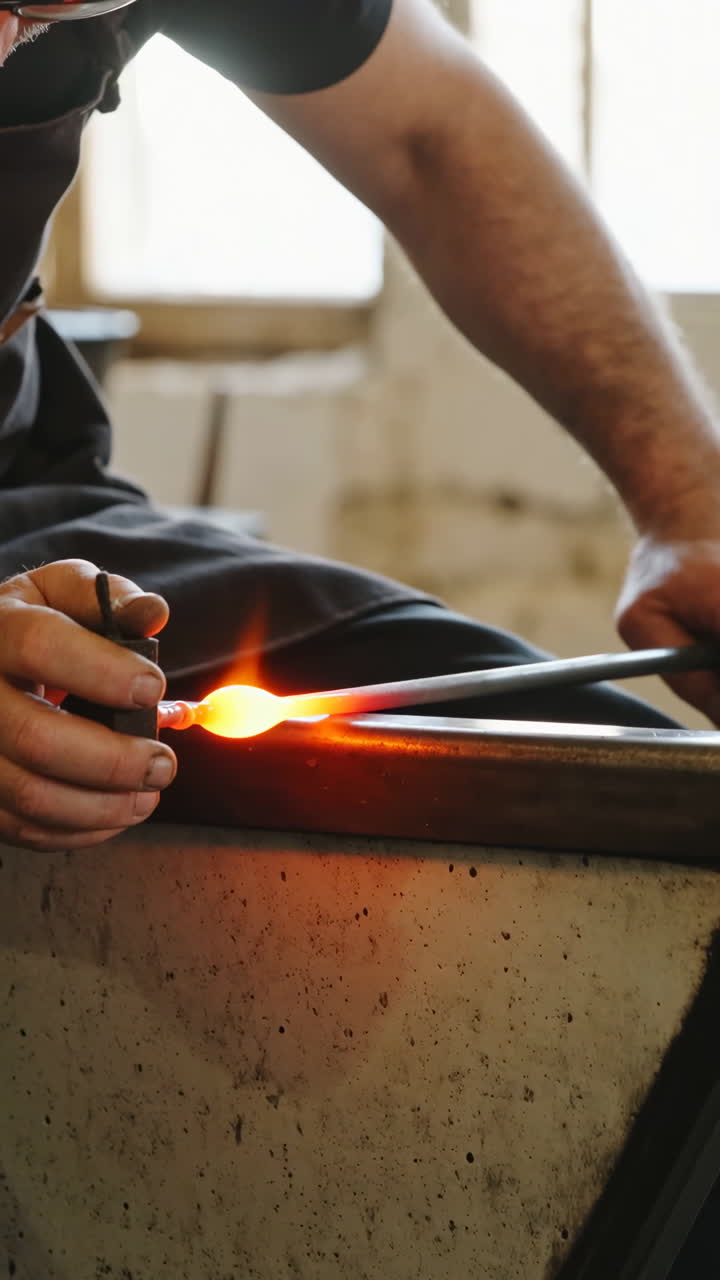 Artisan working with glowing molten glass during glassblowing process
