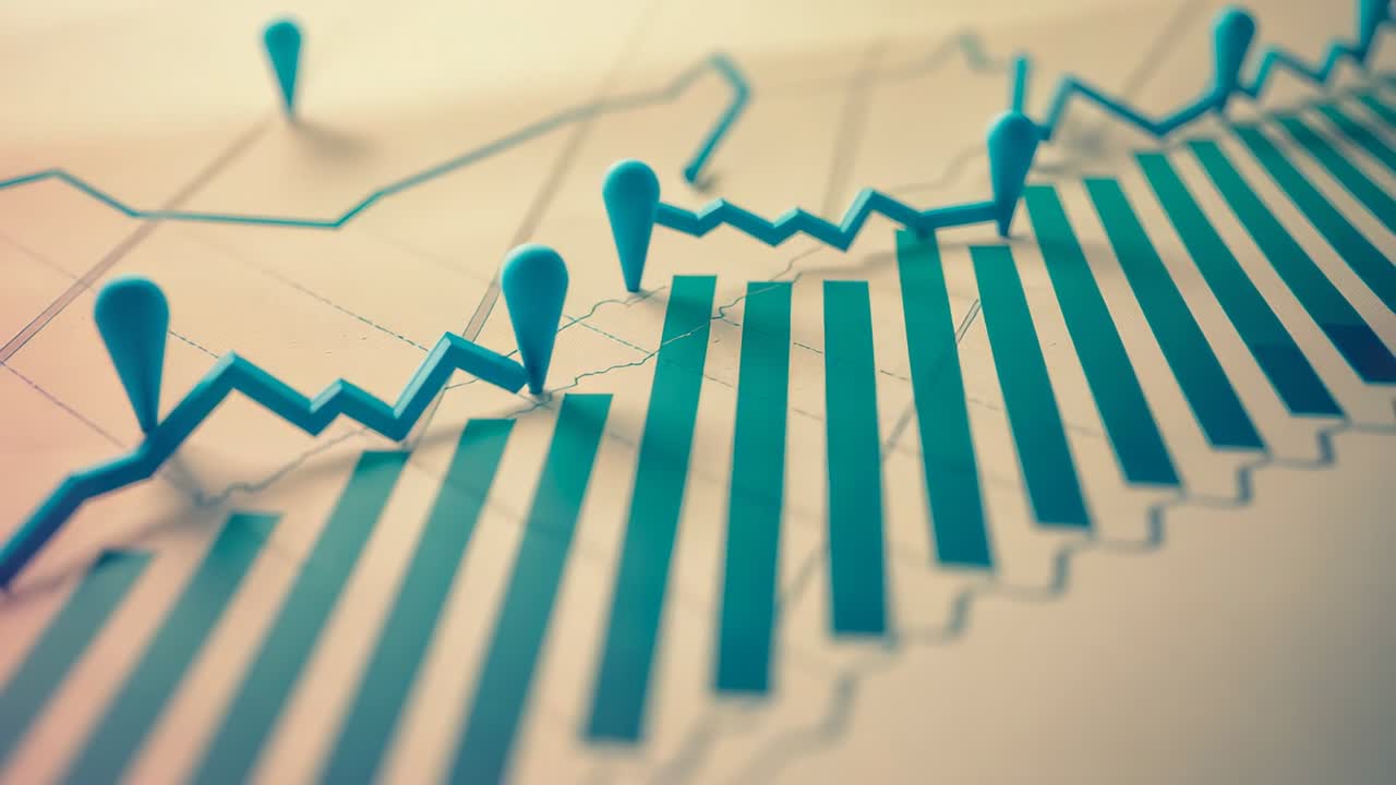 Panning camera over table upon playback start, revealing teal bar graph with pin-marked teal line