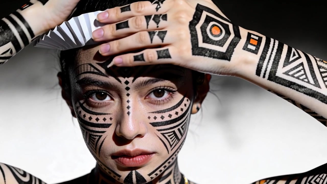 Modella che si sistema un copricapo bianco plissettato in studio per un servizio fotografico, mostrando pittura geometrica.