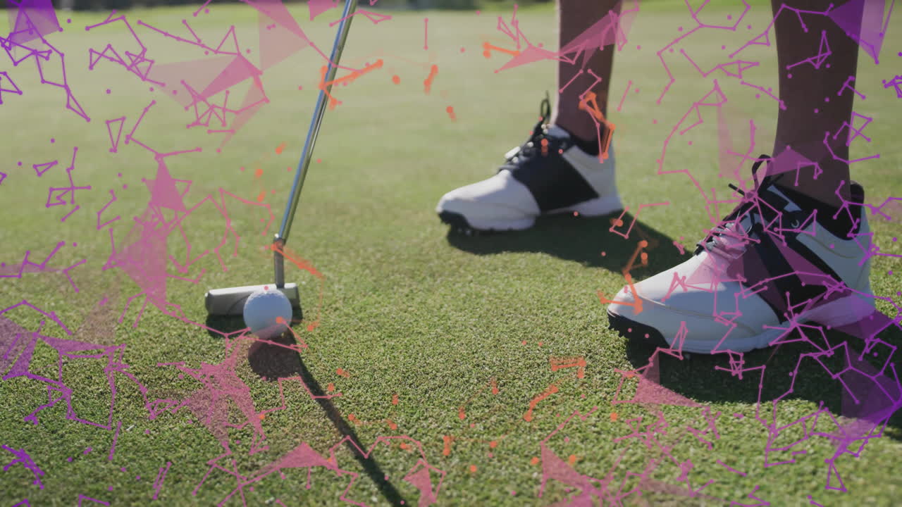 Golfer preparing putt on putting green, overlay showing digital network graphics for technology