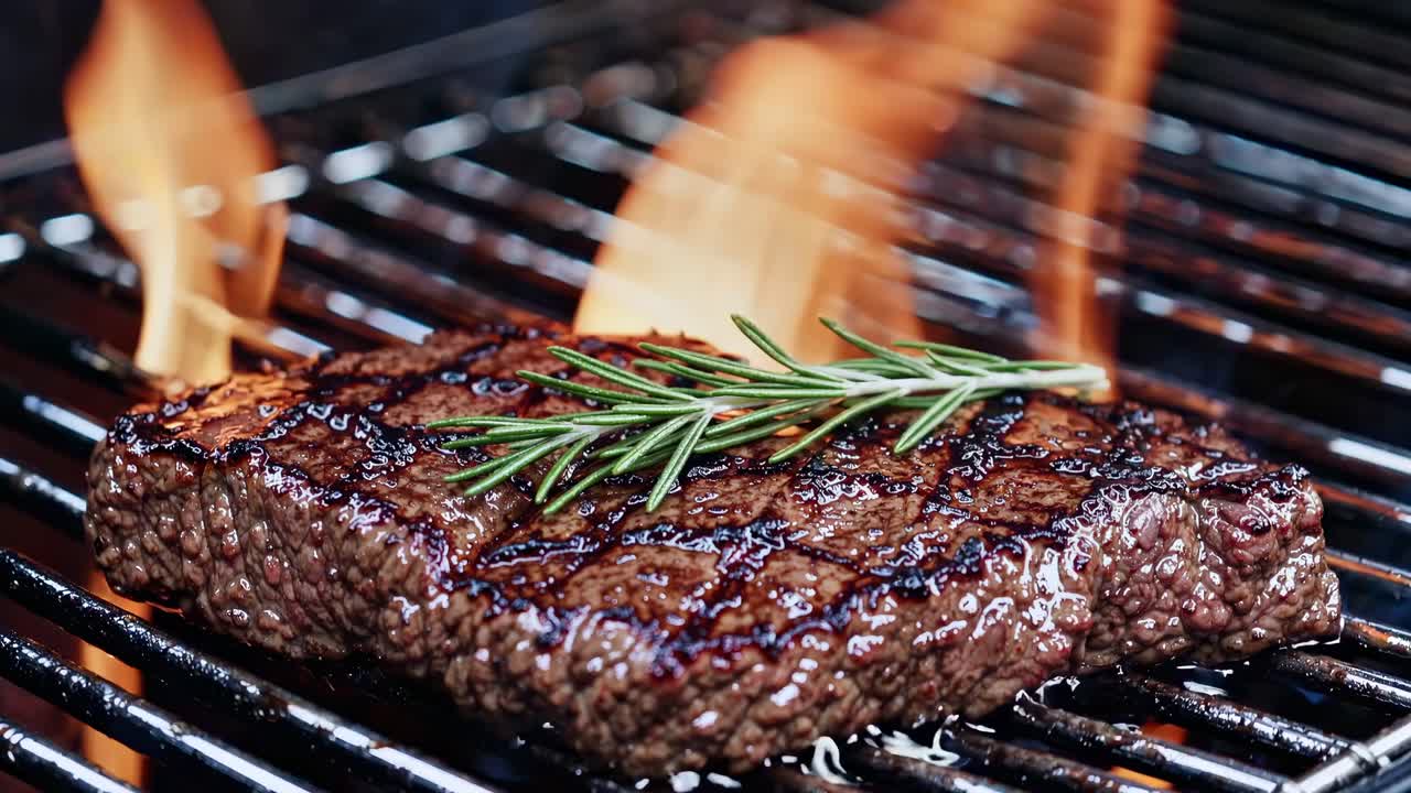 Close-up angle of a sizzling steak on a grill with flames in the background, styled for a cooking