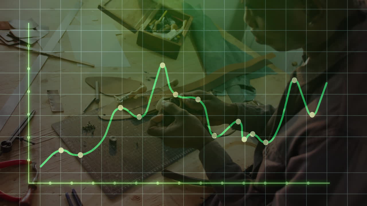 man assembling leather parts at workshop bench, featuring tech grid overlay and data chart