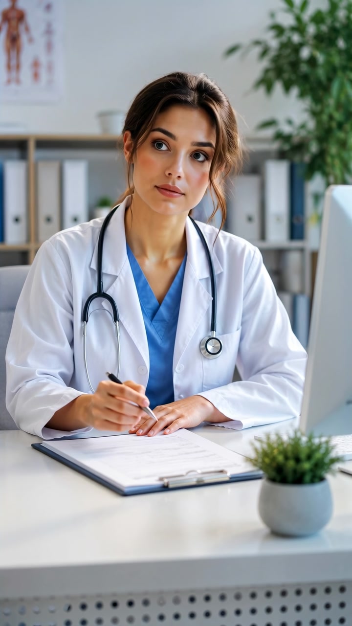 En ung kvinnelig lege i hvit frakk og blå scrubs skriver på et skrivebrett ved et lyst klinikkbord, med et stetoskop rundt halsen, en dataskjerm.