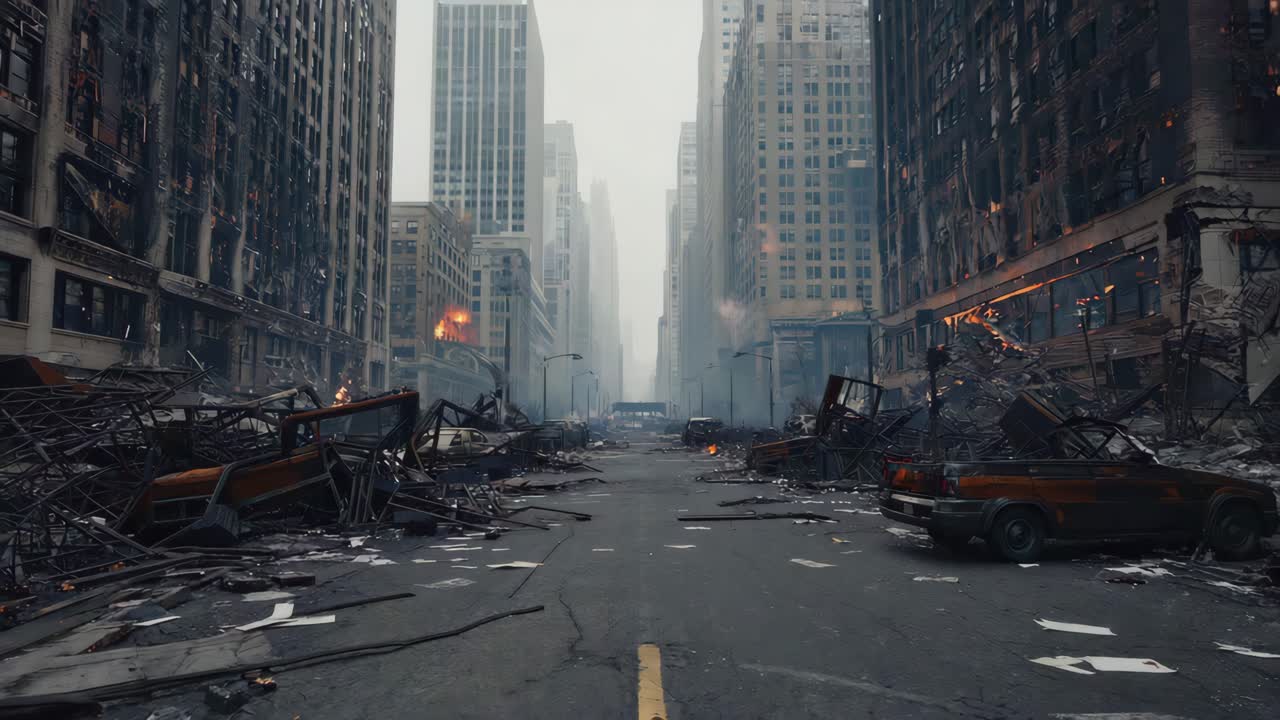 Post-Apocalyptic Cityscape with Ruined Buildings and Wrecked Cars