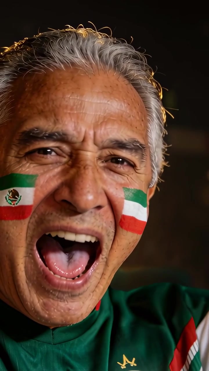 Video verticale: Tifoso anziano ispanico che urla, reagendo a una partita nello stadio, con maglia verde e pittura facciale.
