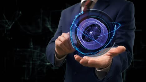 un hombre de negocios muestra un concepto de holograma en 3d en su mano.